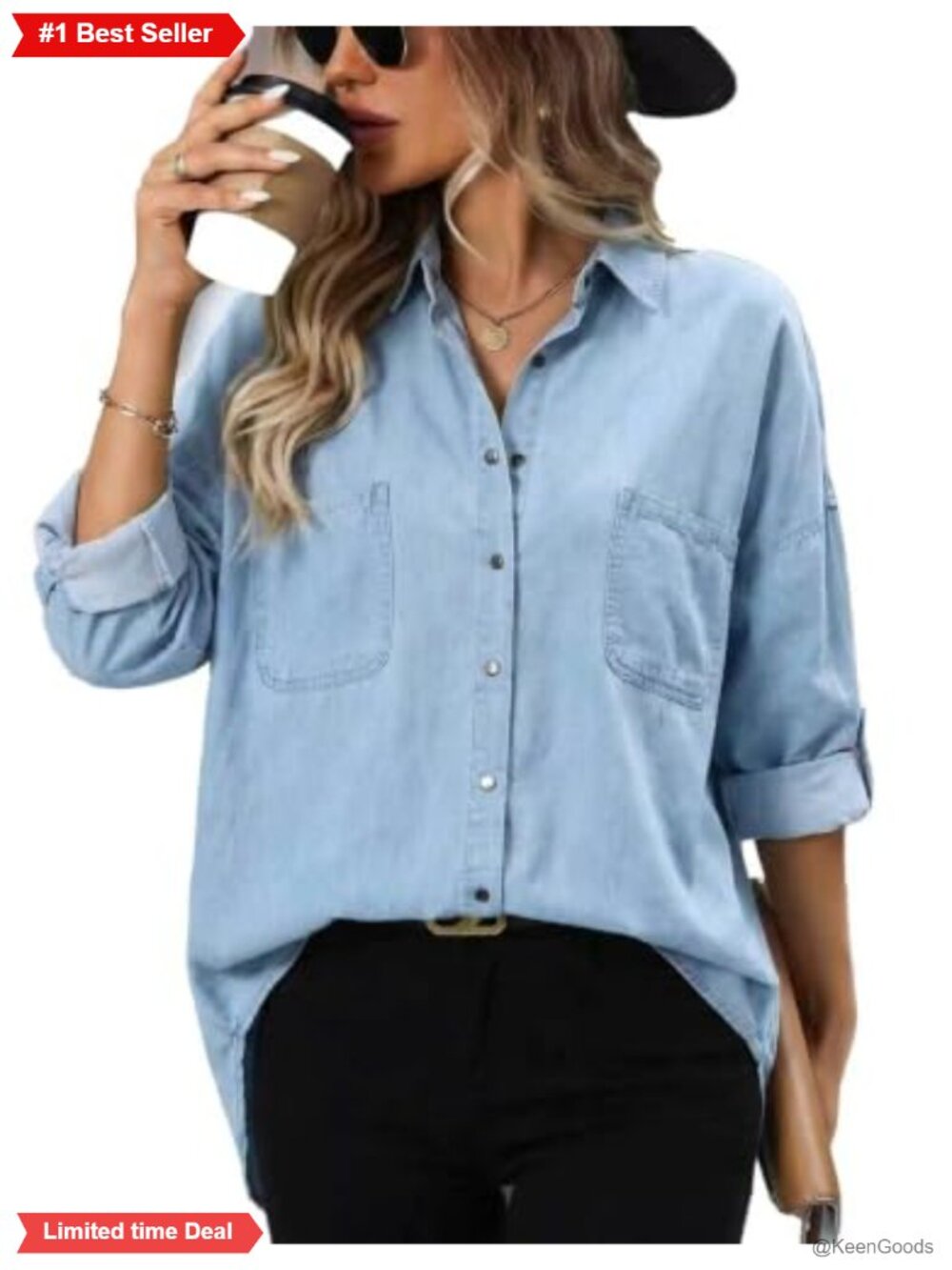 Snap Button Denim Shirt Plus Size Long Sleeve Cotton Blouse